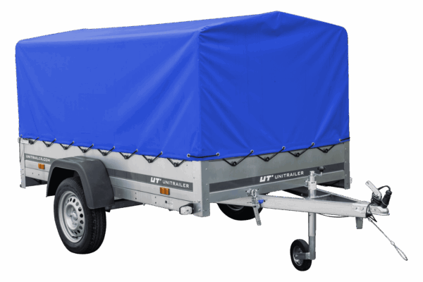 Auto Anhänger 230x125 Garden Trailer 230 KIPP Unitrailer 750 kg mit Stützrad, blauer Hochplane und Hochspriegel – Bild 3