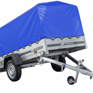 Auto Anhänger 230x125 Garden Trailer 230 KIPP Unitrailer 750 kg mit Stützrad, blauer Hochplane und Hochspriegel