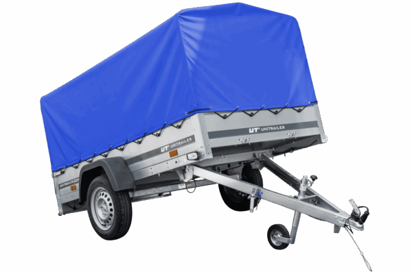 Auto Anhänger 230x125 Garden Trailer 230 KIPP Unitrailer 750 kg mit Stützrad, blauer Hochplane und Hochspriegel