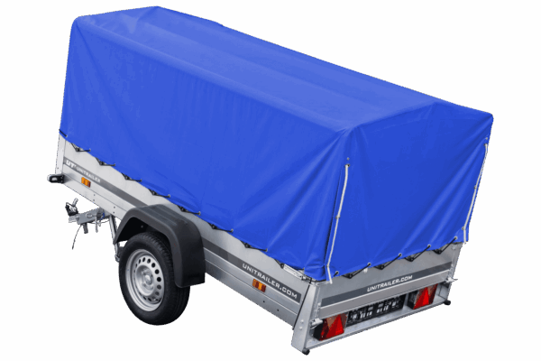 Auto Anhänger 230x125 Garden Trailer 230 KIPP Unitrailer 750 kg mit Stützrad, blauer Hochplane und Hochspriegel – Bild 2