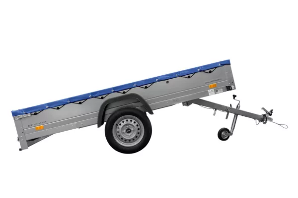 EINACHS-TIEFLADER GARDEN TRAILER 264 KIPP MIT STÜTZRAD, QUERSTREBEN UND BLAUER FLACHPLANE – Bild 4