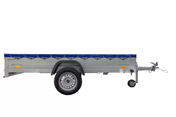 EINACHS-TIEFLADER GARDEN TRAILER 264 KIPP MIT STÜTZRAD, QUERSTREBEN UND BLAUER FLACHPLANE – Bild 5