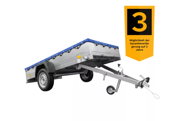 EINACHS-TIEFLADER GARDEN TRAILER 264 KIPP MIT STÜTZRAD, QUERSTREBEN UND BLAUER FLACHPLANE – Bild 2