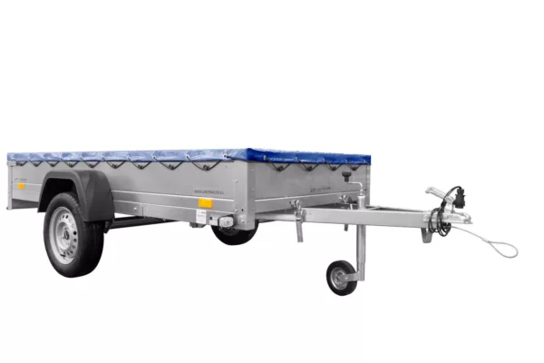 EINACHS-TIEFLADER GARDEN TRAILER 264 KIPP MIT STÜTZRAD, QUERSTREBEN UND BLAUER FLACHPLANE – Bild 3