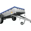 EINACHS-TIEFLADER GARDEN TRAILER 264 KIPP MIT STÜTZRAD, QUERSTREBEN UND BLAUER FLACHPLANE