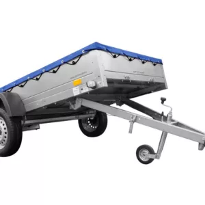 EINACHS-TIEFLADER GARDEN TRAILER 264 KIPP MIT STÜTZRAD, QUERSTREBEN UND BLAUER FLACHPLANE