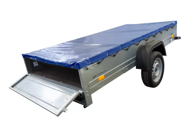 EINACHS-TIEFLADER GARDEN TRAILER 264 KIPP MIT STÜTZRAD, QUERSTREBEN UND BLAUER FLACHPLANE – Bild 6