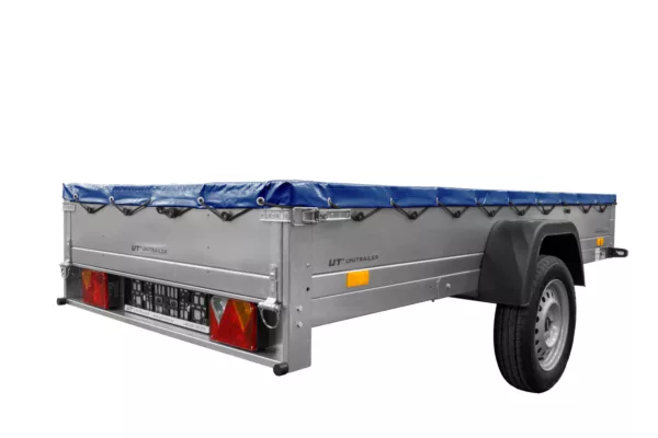 EINACHS-TIEFLADER GARDEN TRAILER 264 KIPP MIT STÜTZRAD, QUERSTREBEN UND BLAUER FLACHPLANE – Bild 7