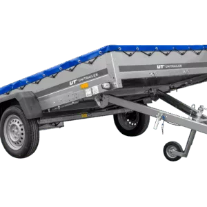 Einachsanhänger 264x150 UNITRAILER GARDEN 265 KIPP mit einem Flachplanenträger und blauer Plane