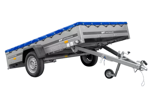 Einachsanhänger 264x150 UNITRAILER GARDEN 265 KIPP mit einem Flachplanenträger und blauer Plane