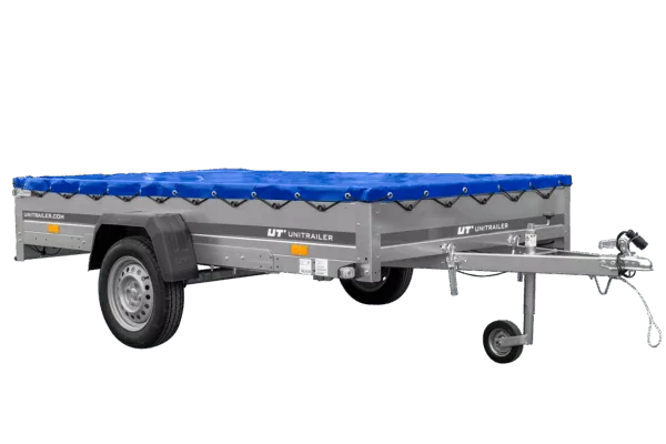 Einachsanhänger 264x150 UNITRAILER GARDEN 265 KIPP mit einem Flachplanenträger und blauer Plane – Bild 3