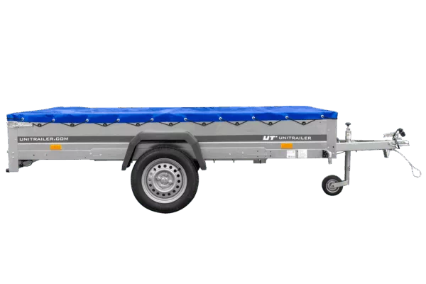 Einachsanhänger 264x150 UNITRAILER GARDEN 265 KIPP mit einem Flachplanenträger und blauer Plane – Bild 4