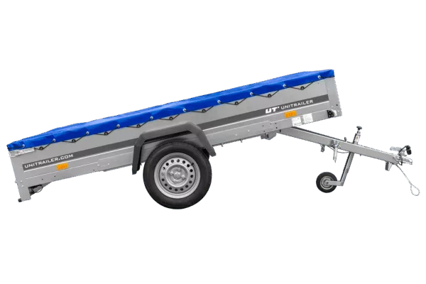 Einachsanhänger 264x150 UNITRAILER GARDEN 265 KIPP mit einem Flachplanenträger und blauer Plane – Bild 6