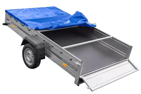Einachsanhänger 264x150 UNITRAILER GARDEN 265 KIPP mit einem Flachplanenträger und blauer Plane – Bild 7