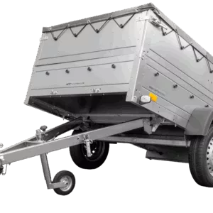 Pkw Anhänger kippbar 750 kg GARDEN TRAILER 201 KIPP mit zusätzlichen Bordwänden, Stützrad und grauer Flachplane