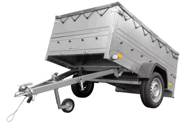 Pkw Anhänger kippbar 750 kg GARDEN TRAILER 201 KIPP mit zusätzlichen Bordwänden, Stützrad und grauer Flachplane