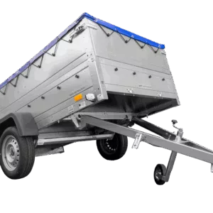 Anhänger mit faltbarer Deichsel GARDEN TRAILER 230 KIPP mit zusätzlichen Bordwänden, Stützrad und blauer Flachplane