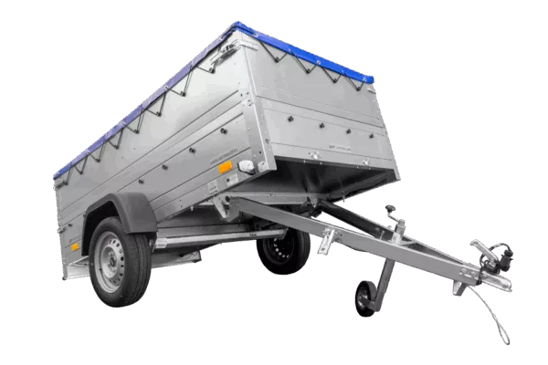 Anhänger mit faltbarer Deichsel GARDEN TRAILER 230 KIPP mit zusätzlichen Bordwänden, Stützrad und blauer Flachplane